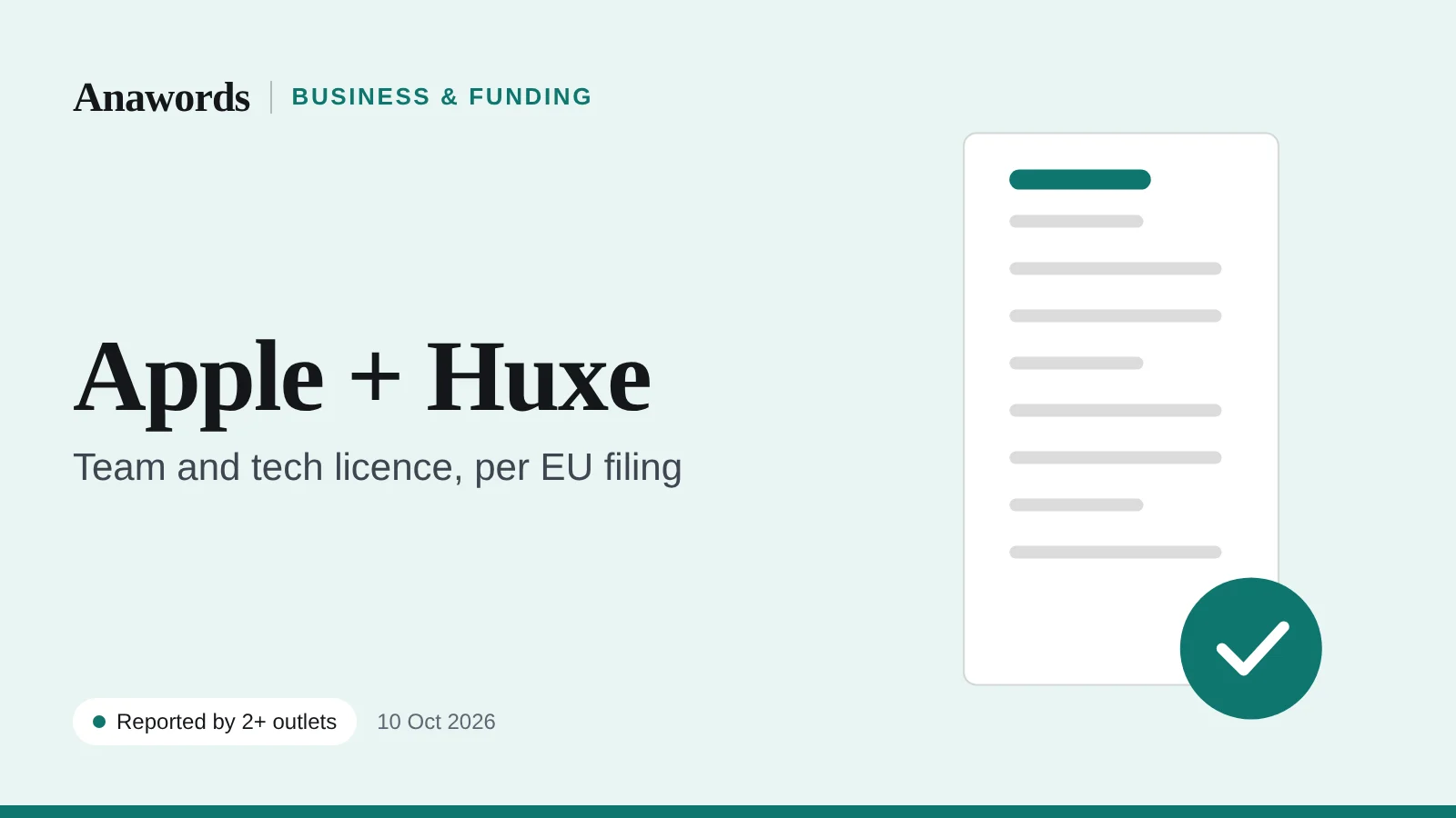 Anawords graphic: Apple and Huxe. Apple to hire team and license AI podcast tech, per EU filing. Reported by two or more outlets.