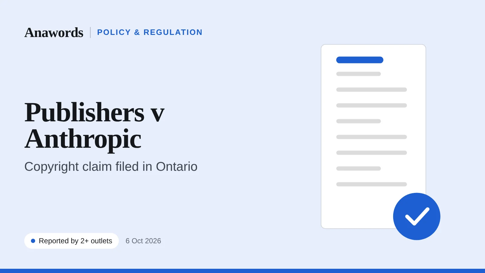 Anawords illustration (not a photo): Canadian publishers sue Anthropic. Copyright claim filed in Ontario. Reported by two or more outlets.