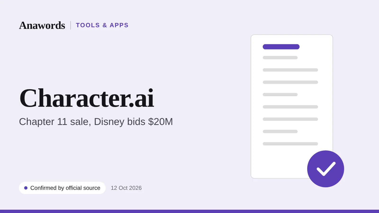 Anawords graphic: Character.ai. Chapter 11 filing with Disney as $20 million lead bidder. Confirmed by official source.