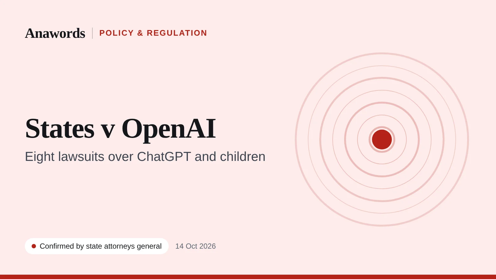 Anawords illustration (not a photo): Eight states sue OpenAI. Lawsuits over ChatGPT and children filed on 14 October. Confirmed by state filings.
