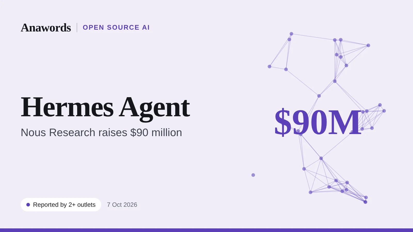 Anawords graphic: Nous Research. $90 million to build a business version of open-source Hermes Agent. Reported by two or more outlets.