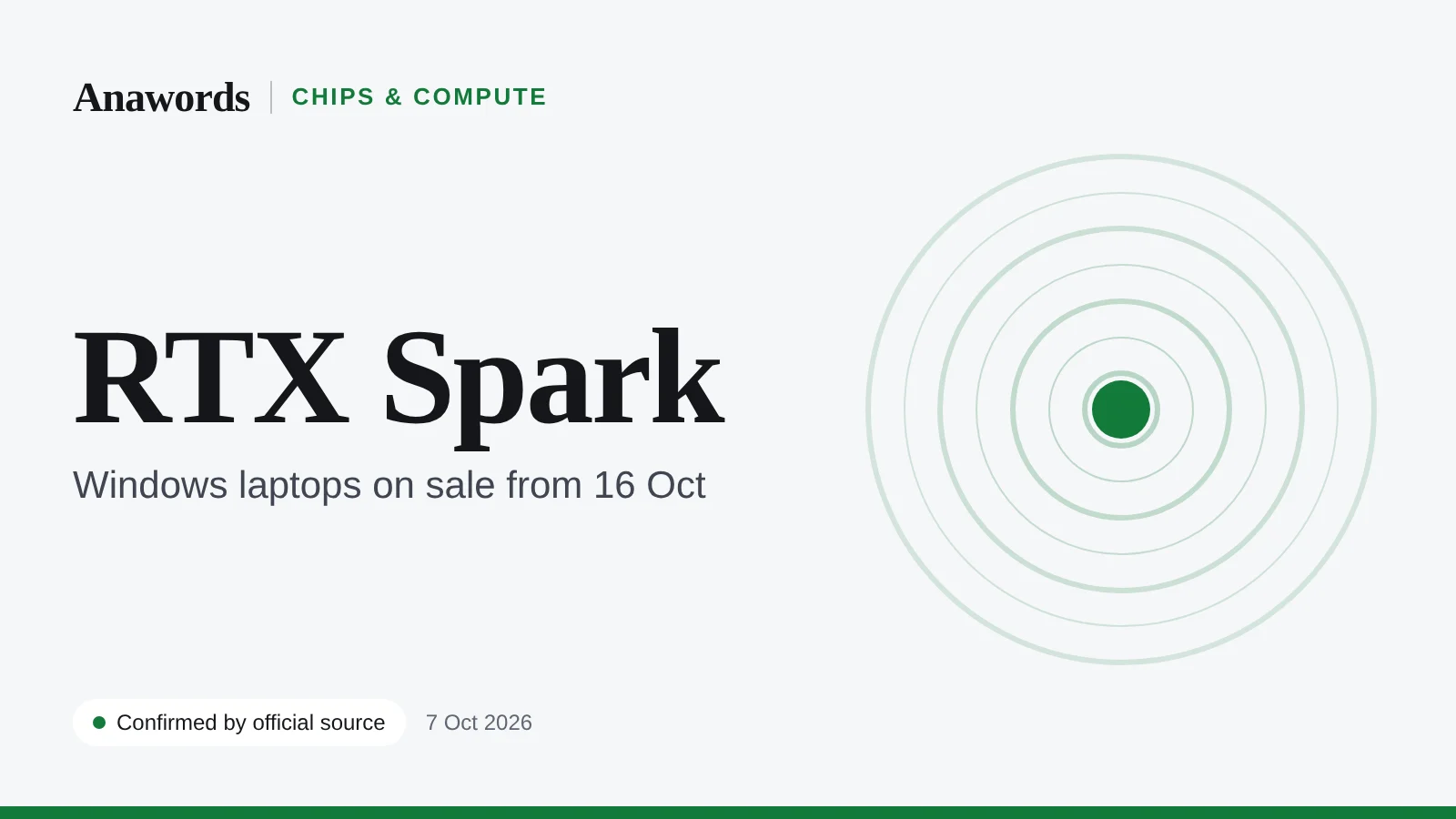 Anawords graphic: RTX Spark. Windows PCs with Nvidia’s N1X chip, on sale 16 October. Confirmed by official source.
